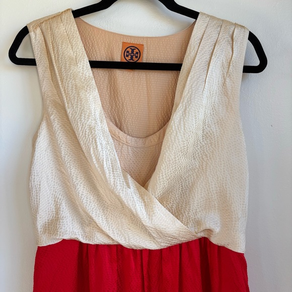Tory Burch Darya Colorblock Dress Silk Champagne & Red Size 4 - Picture 4 of 15